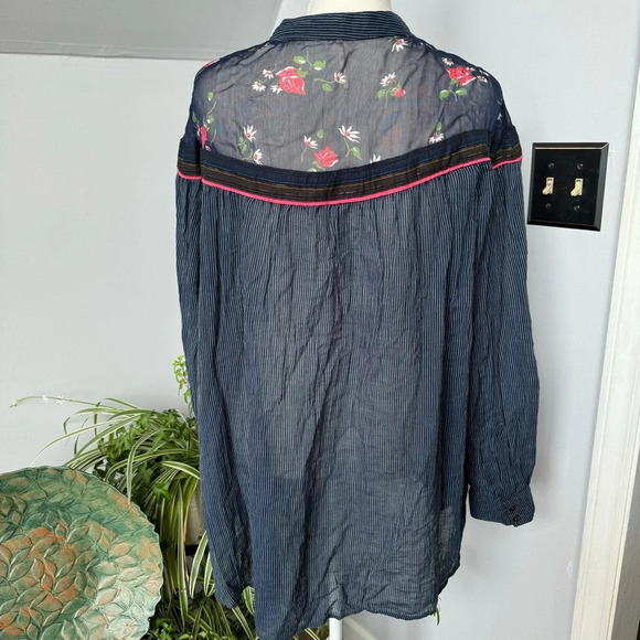Free‎ People Hearts & Colors Oversized Navy Blouse Sheer Floral Pinstripe small - Picture 5 of 9